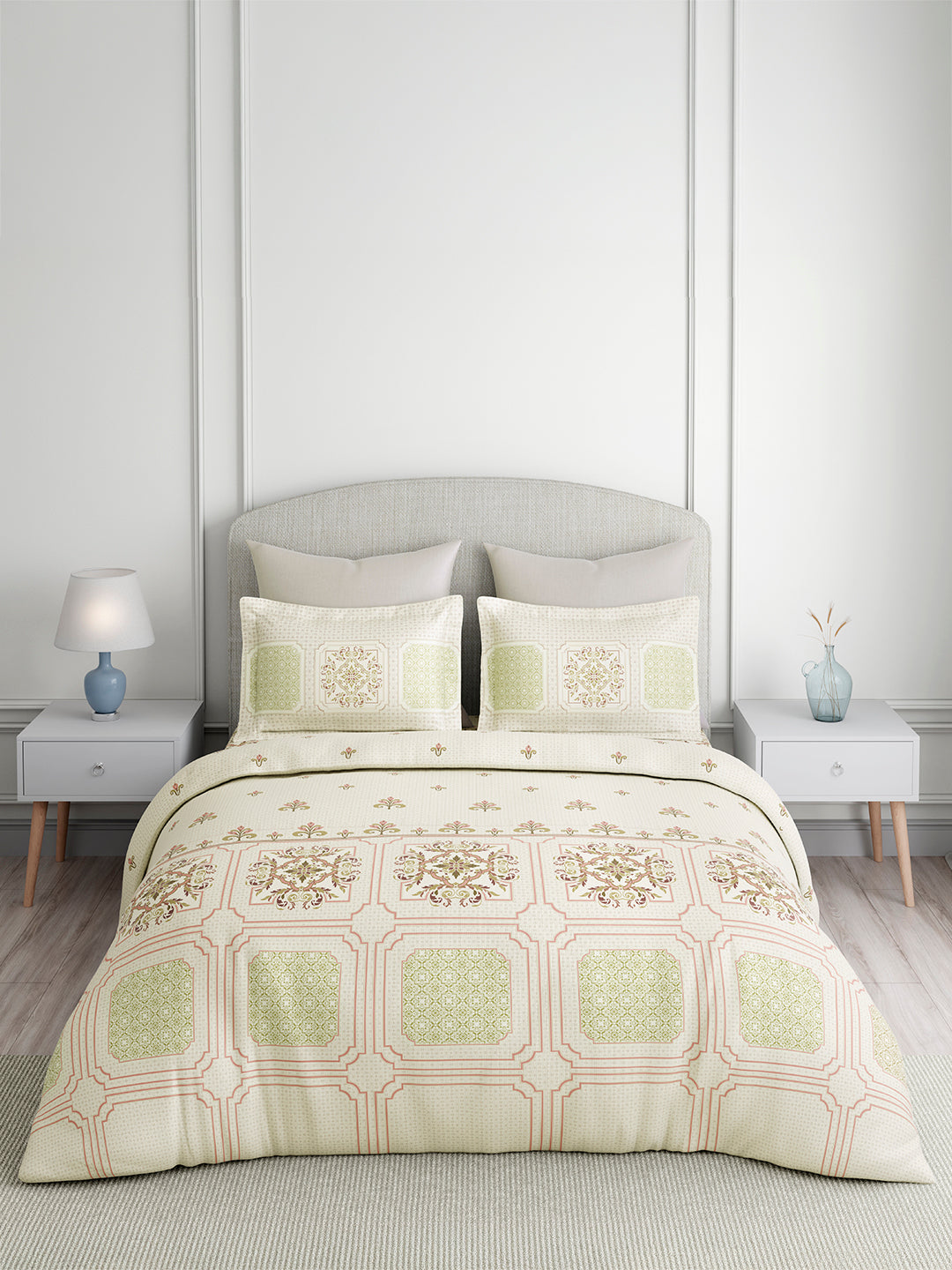 Valatia Tarang 100% Cotton King Bedsheet with 2 Pillow Covers | 200 TC Green Ethnic Print Bedsheet Set