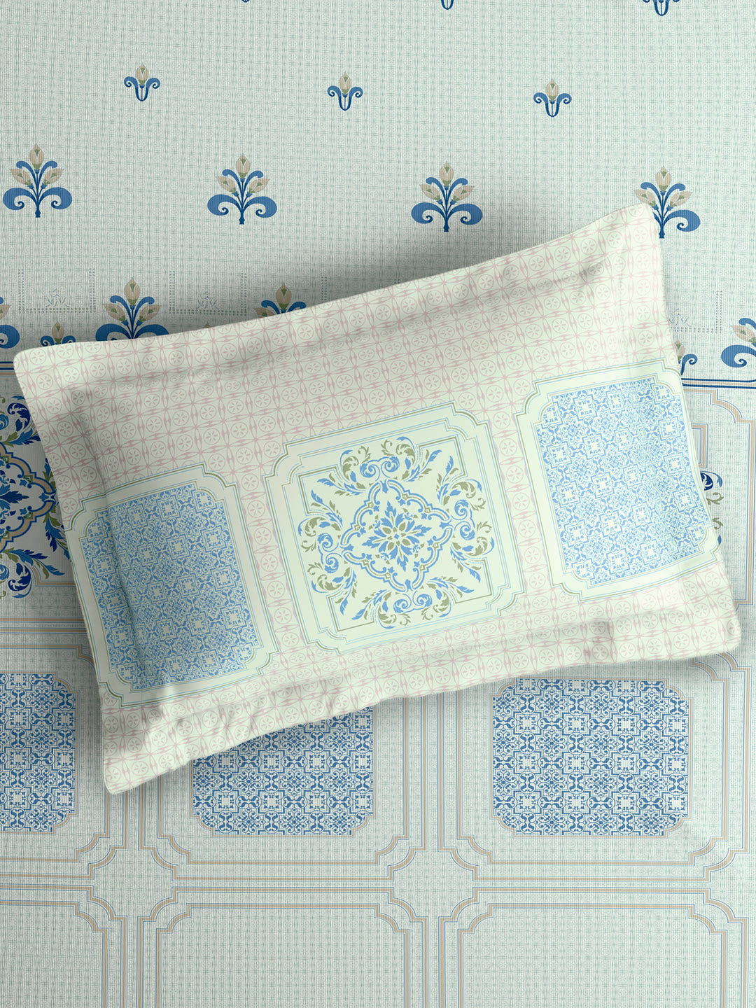 Valatia Tarang 100% Cotton King Bedsheet with 2 Pillow Covers | 200 TC Blue Ethnic Print Bedsheet Set