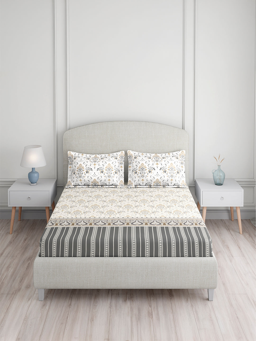 Valatia Tarang 100% Cotton King Bedsheet with 2 Pillow Covers | 200 TC Grey Ethnic Print Bedsheet Set
