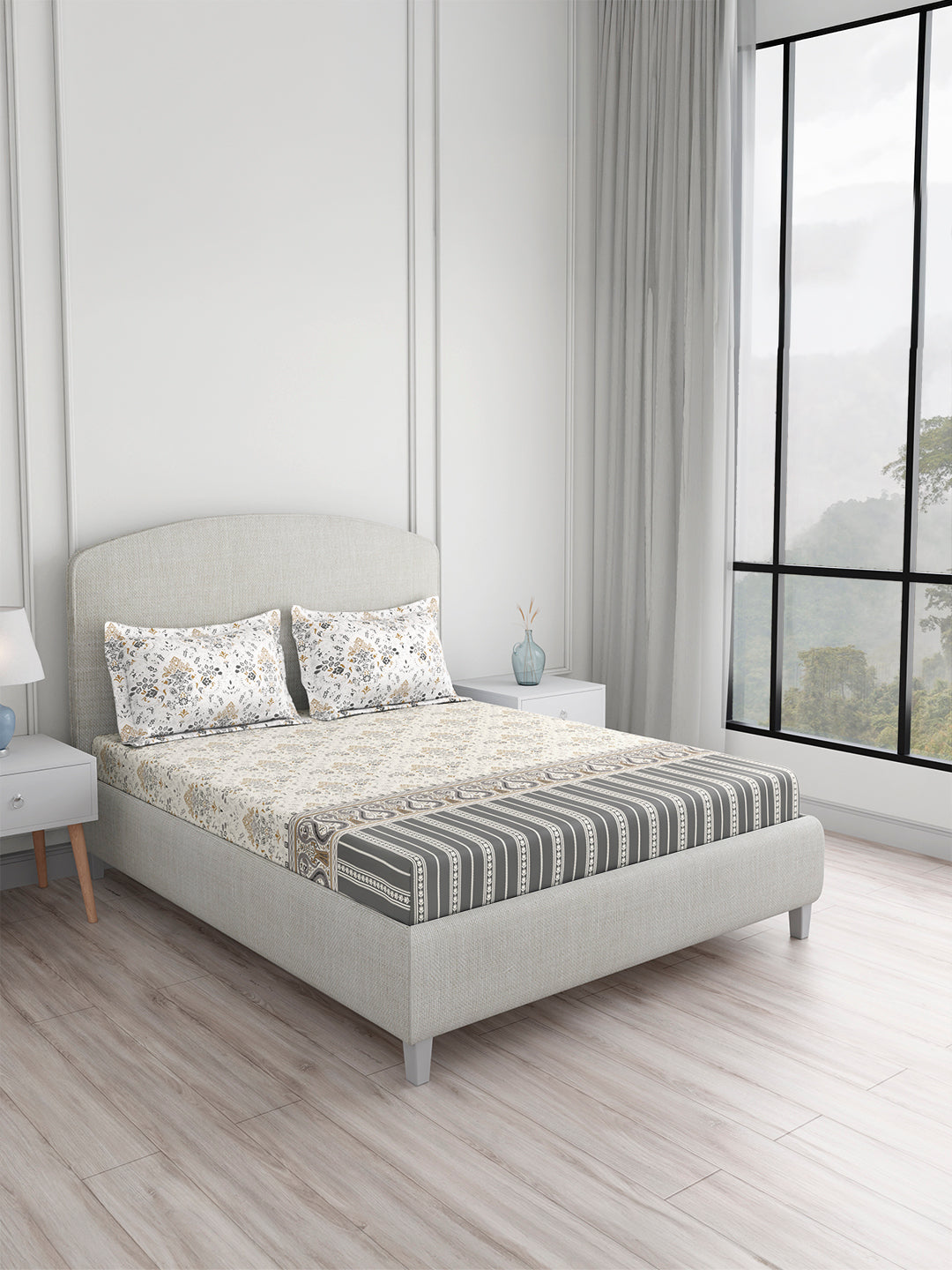 Valatia Tarang 100% Cotton King Bedsheet with 2 Pillow Covers | 200 TC Grey Ethnic Print Bedsheet Set