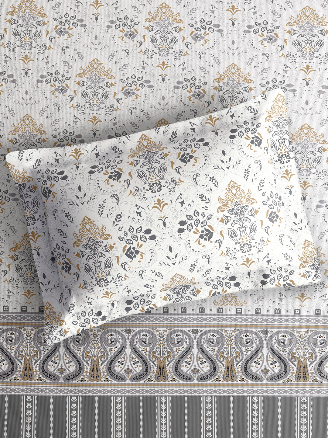 Valatia Tarang 100% Cotton King Bedsheet with 2 Pillow Covers | 200 TC Grey Ethnic Print Bedsheet Set