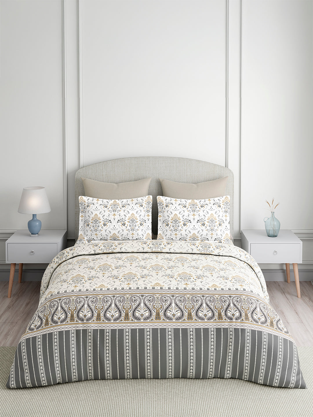 Valatia Tarang 100% Cotton King Bedsheet with 2 Pillow Covers | 200 TC Grey Ethnic Print Bedsheet Set
