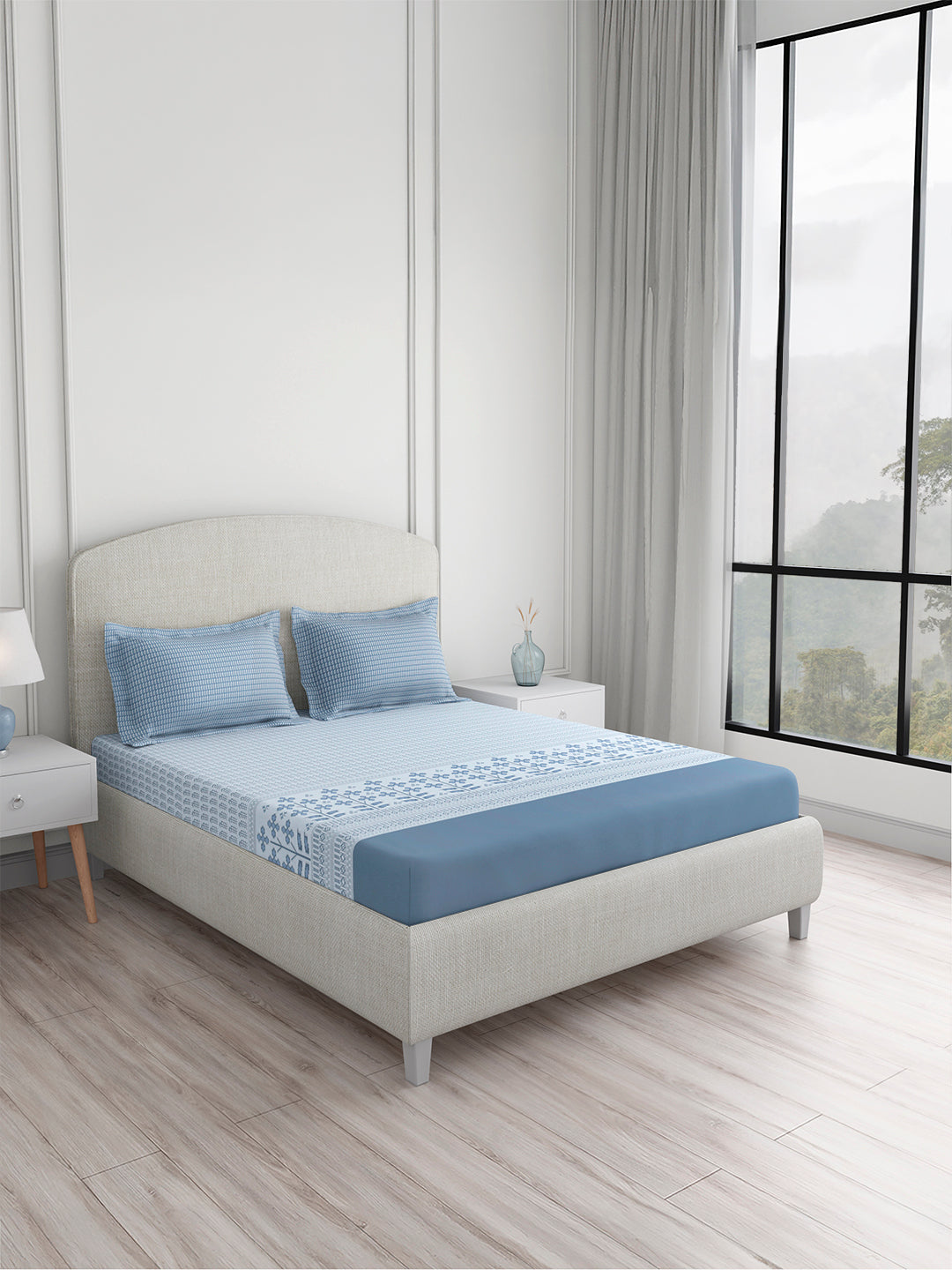 Valatia 100% Cotton 200 TC King Bedsheet with 2 Pillow Covers | Blue Floral Bedsheet Set