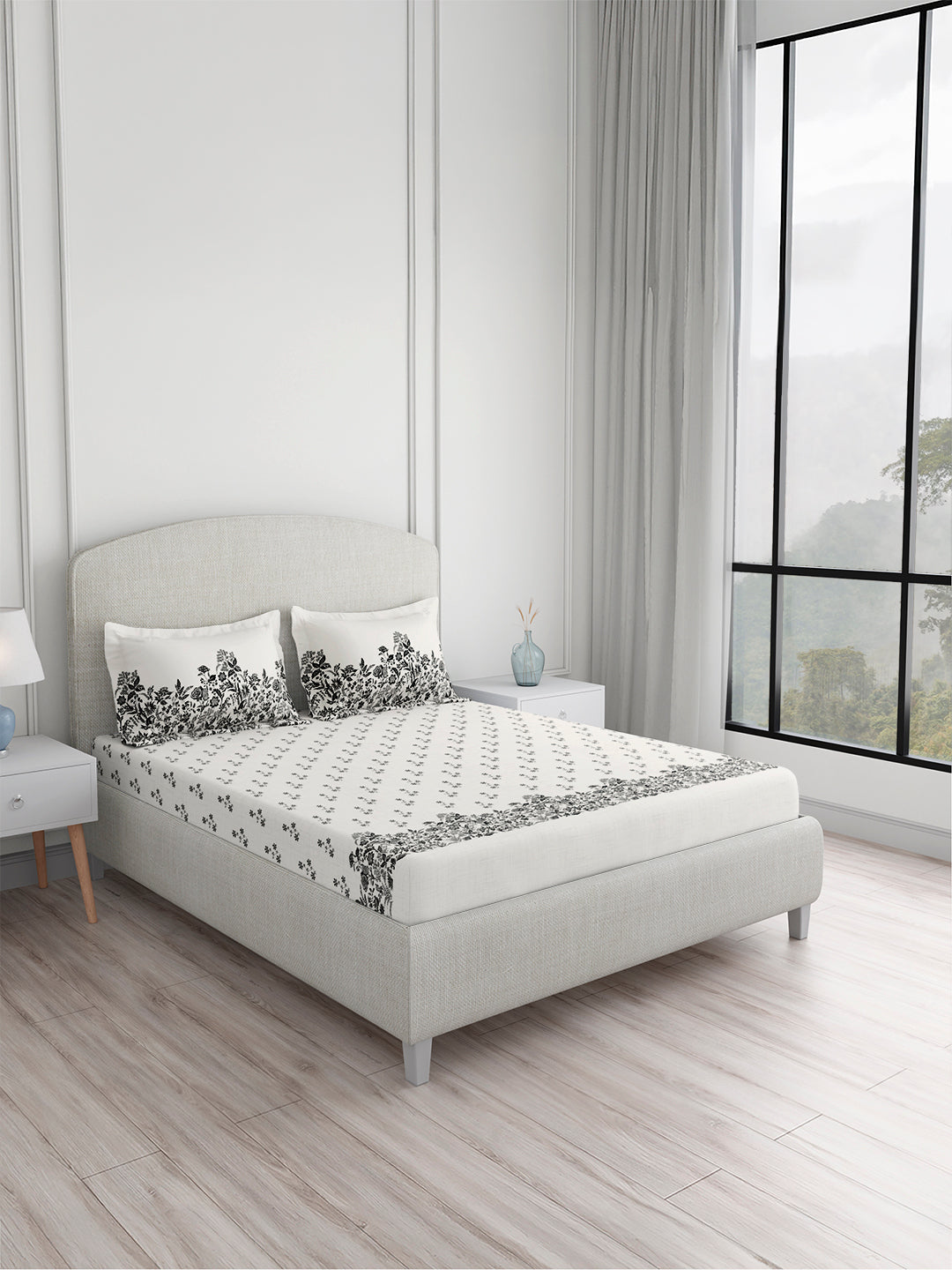 Valatia 100% Cotton 200 TC King Bedsheet with 2 Pillow Covers | White Floral Bedsheet Set