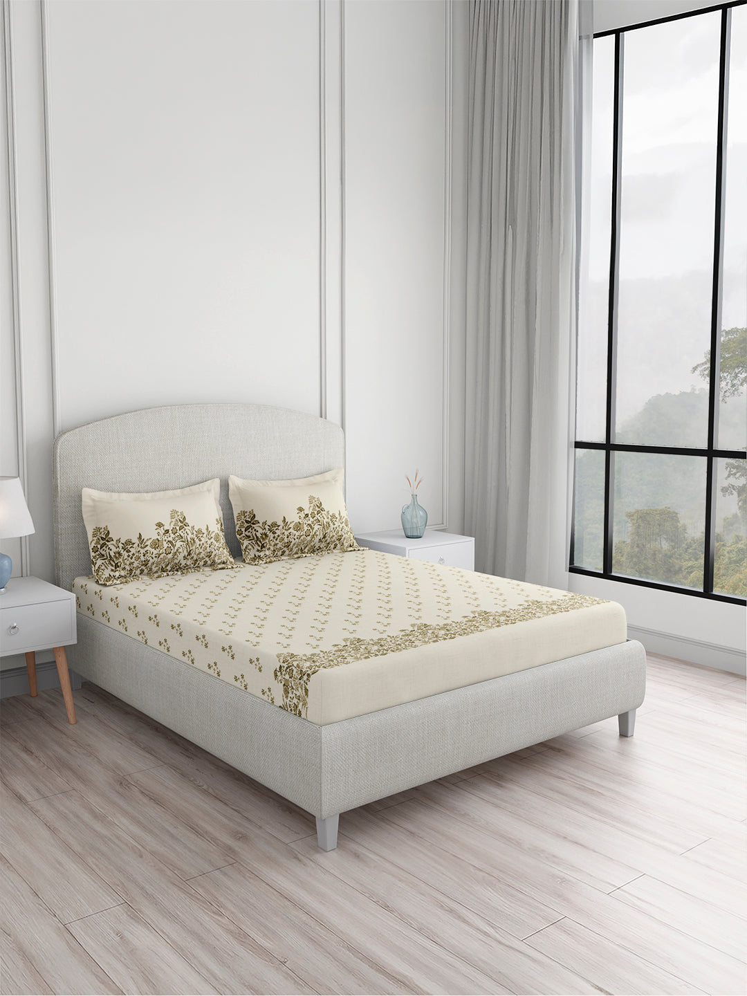 Valatia 100% Cotton 200 TC King Bedsheet with 2 Pillow Covers | Cream Floral Bedsheet Set