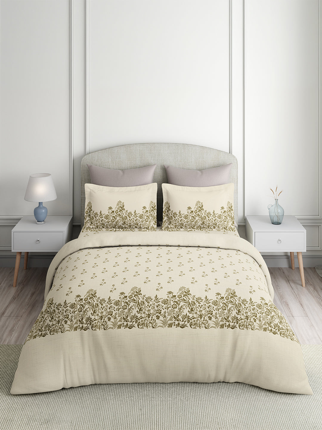 Valatia 100% Cotton 200 TC King Bedsheet with 2 Pillow Covers | Cream Floral Bedsheet Set