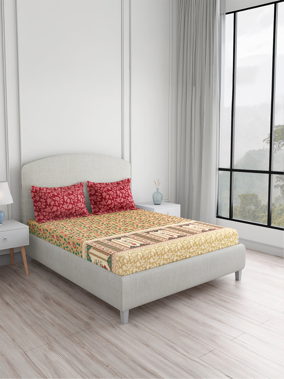 Valatia 100% Cotton 200 TC King Bedsheet with 2 Pillow Covers | Pink & Beige Floral Bedsheet Set