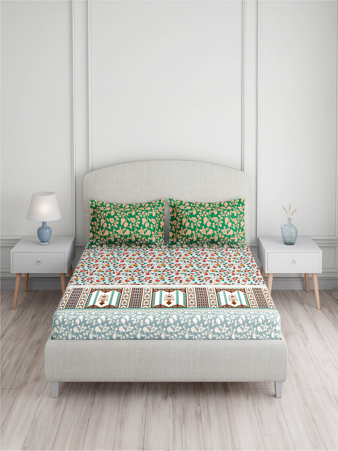 Valatia 100% Cotton 200 TC King Bedsheet with 2 Pillow Covers | Blue & Green Floral Bedsheet Set