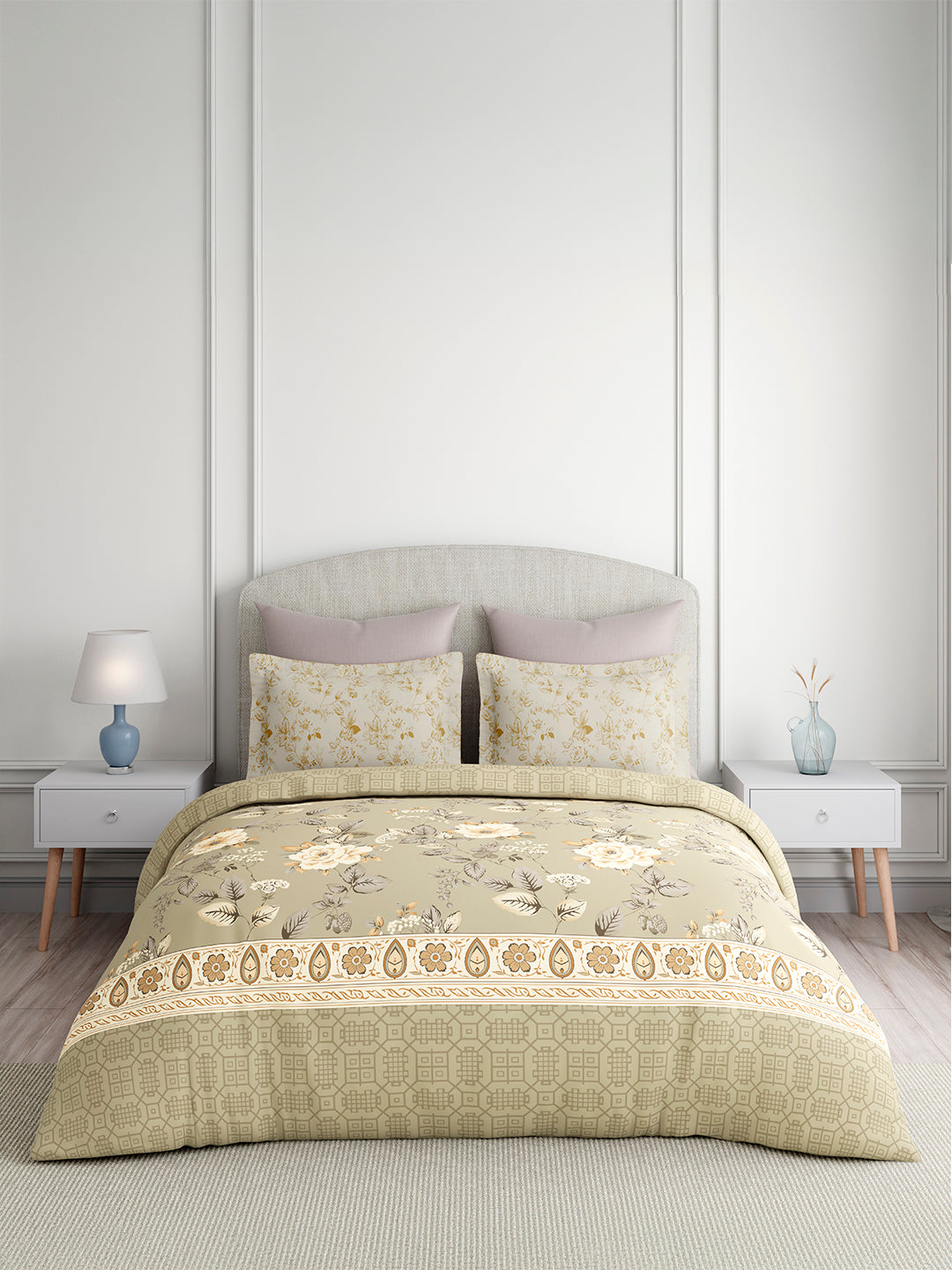 Valatia 100% Cotton 200 TC King Bedsheet with 2 Pillow Covers | Grey & Beige Floral Bedsheet Set
