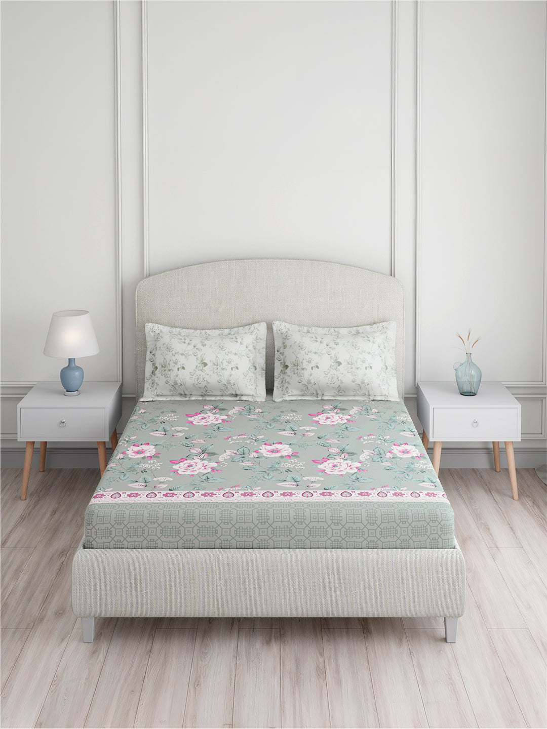 Valatia 100% Cotton 200 TC King Bedsheet with 2 Pillow Covers | Grey & Pink Floral Bedsheet Set