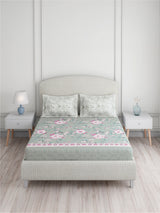 Valatia 100% Cotton 200 TC King Bedsheet with 2 Pillow Covers | Grey & Pink Floral Bedsheet Set