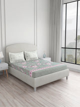 Valatia 100% Cotton 200 TC King Bedsheet with 2 Pillow Covers | Grey & Pink Floral Bedsheet Set