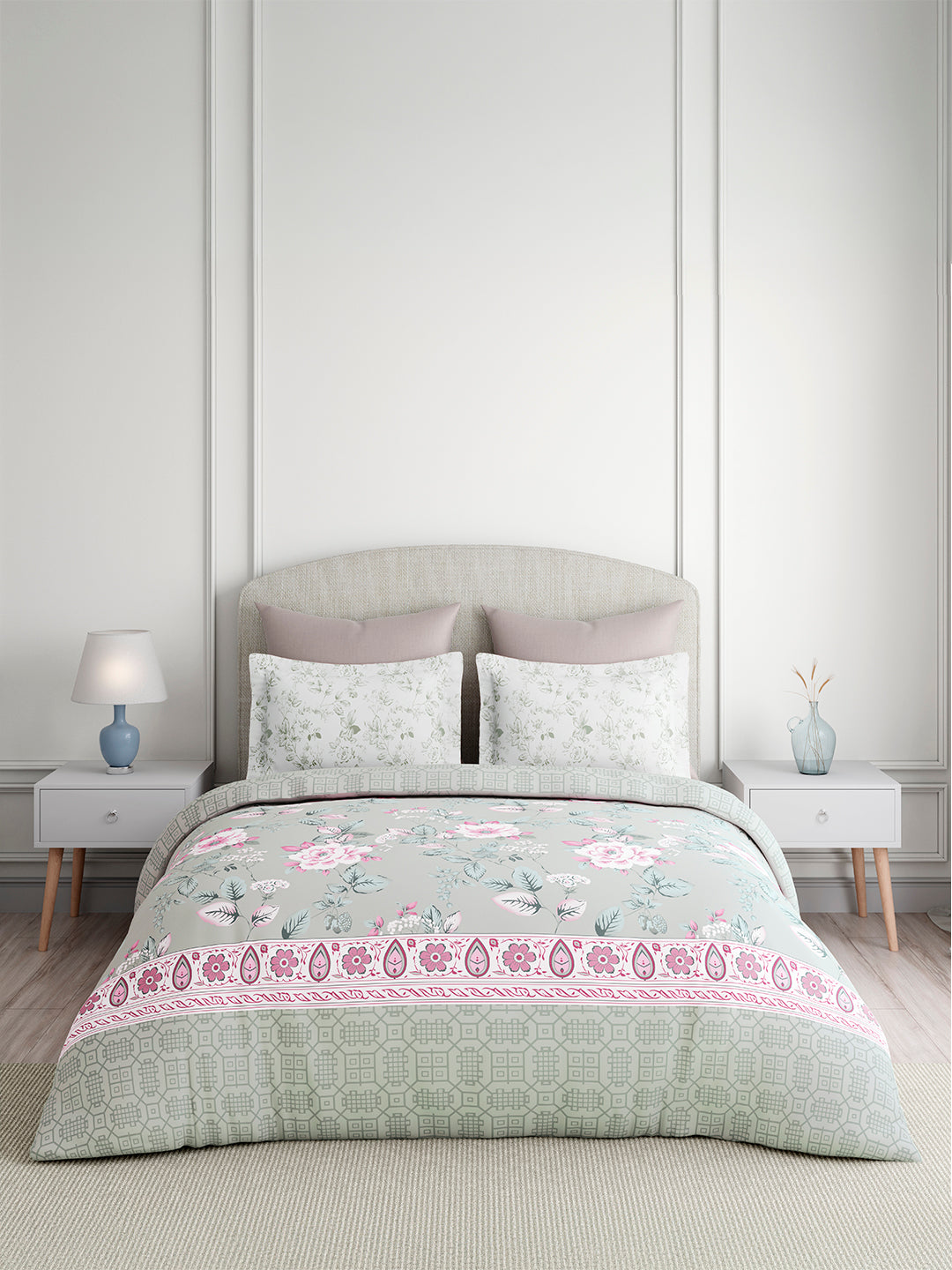 Valatia 100% Cotton 200 TC King Bedsheet with 2 Pillow Covers | Grey & Pink Floral Bedsheet Set
