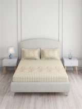 Valatia 100% Cotton 200 TC King Bedsheet with 2 Pillow Covers | Beige & Pink Floral Bedsheet Set