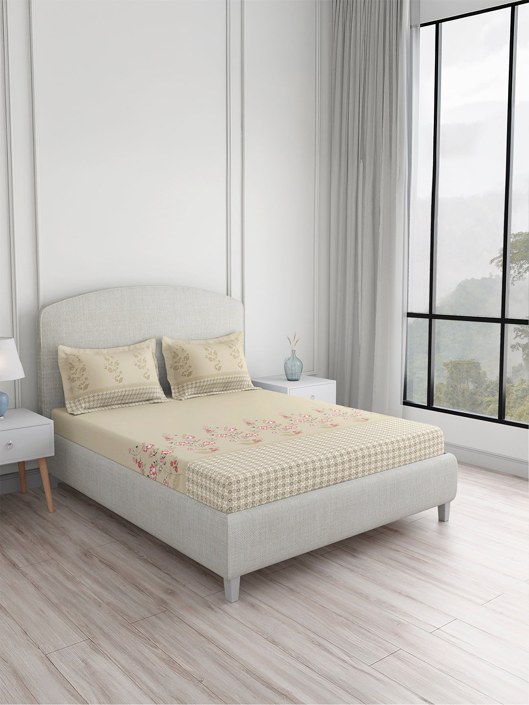 Valatia 100% Cotton 200 TC King Bedsheet with 2 Pillow Covers | Beige & Pink Floral Bedsheet Set