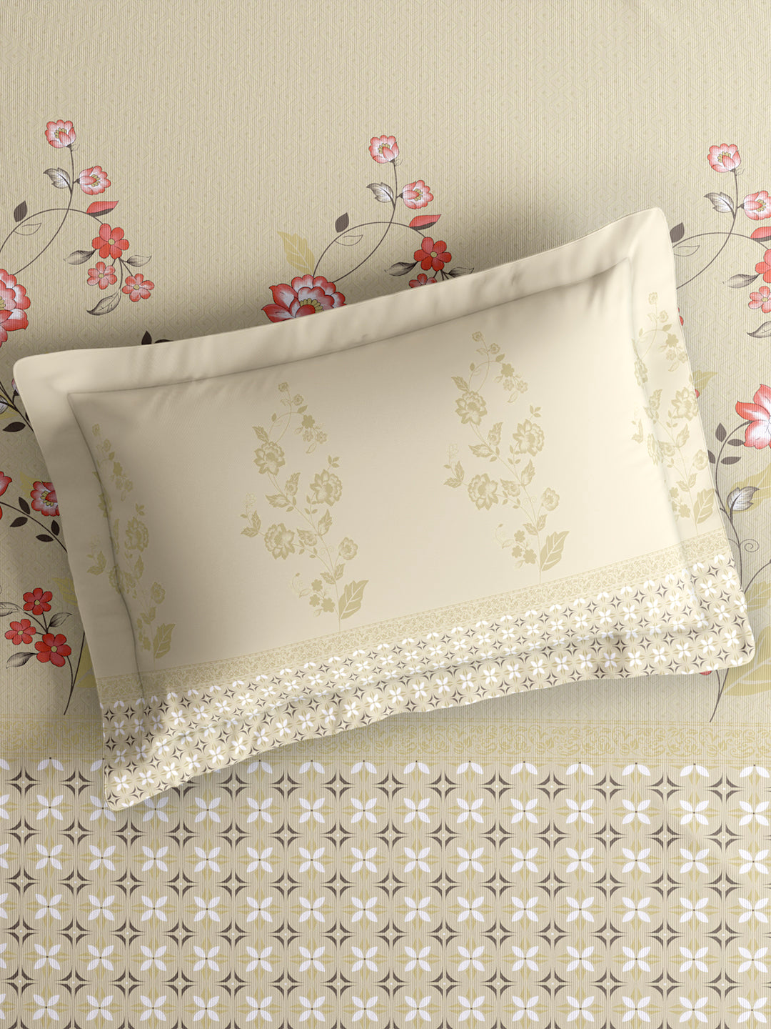 Valatia 100% Cotton 200 TC King Bedsheet with 2 Pillow Covers | Beige & Pink Floral Bedsheet Set