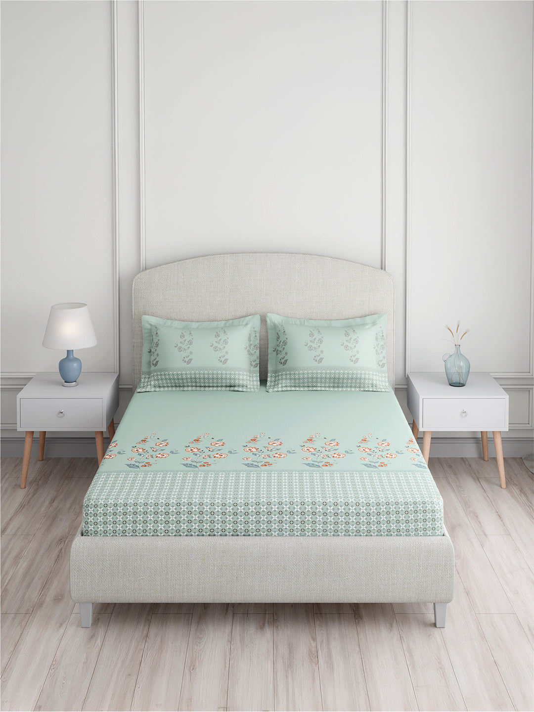 Valatia 100% Cotton 200 TC King Bedsheet with 2 Pillow Covers | Blue Floral Bedsheet Set