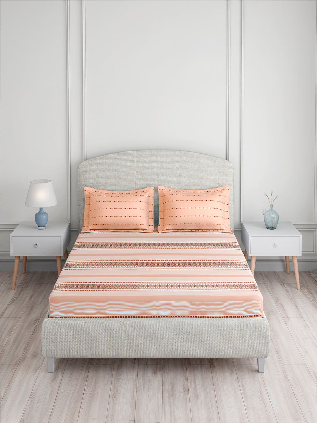 Valatia 100% Cotton King Bedsheet with 2 Pillow Covers | 200 TC Peach Geometrical Bedsheet Set