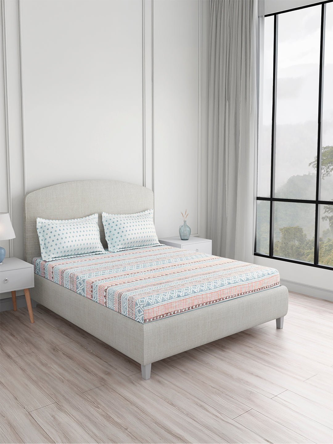 Valatia 100% Cotton King Bedsheet with 2 Pillow Covers | 200 TC Blue Geometrical Bedsheet Set