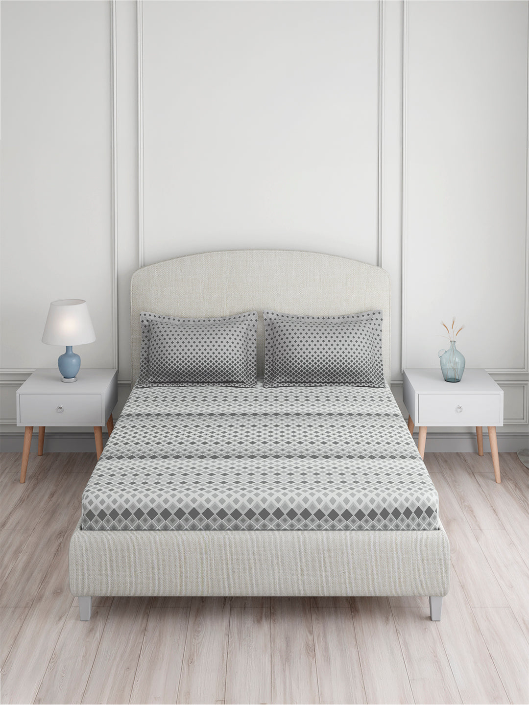 Valatia 100% Cotton King Bedsheet with 2 Pillow Covers | 200 TC Grey Geometrical Bedsheet Set