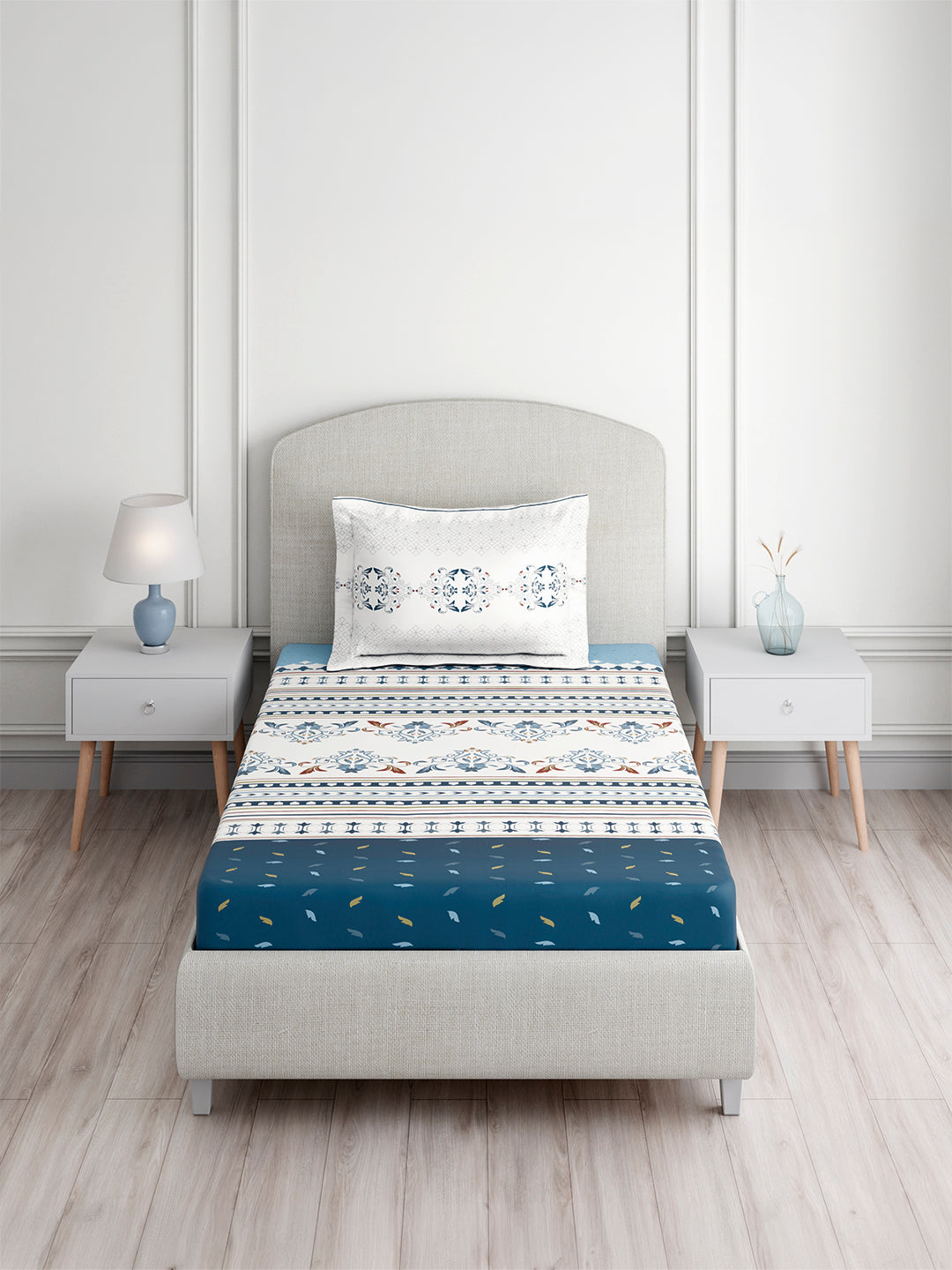 Valatia Tarang 100% Cotton Single Bedsheet with 1 Pillow Cover | 200 TC Blue Ethnic Print Bedsheet Set