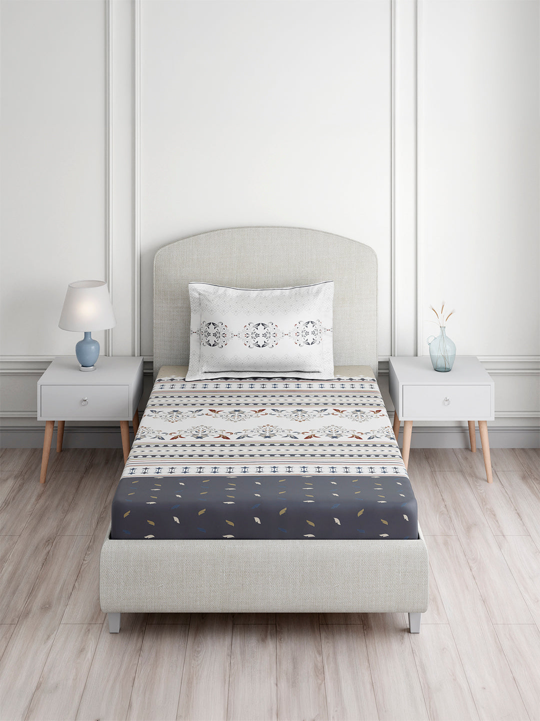 Valatia Tarang 100% Cotton Single Bedsheet with 1 Pillow Cover | 200 TC Grey Ethnic Print Bedsheet Set