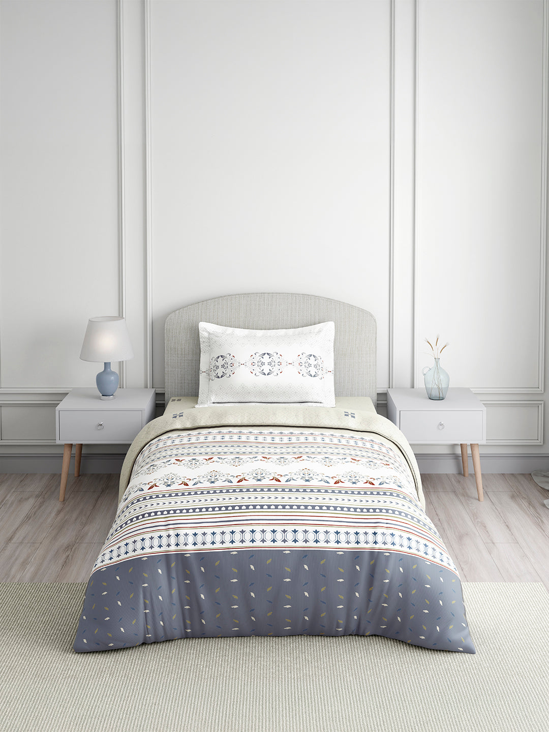 Valatia Tarang 100% Cotton Single Bedsheet with 1 Pillow Cover | 200 TC Grey Ethnic Print Bedsheet Set