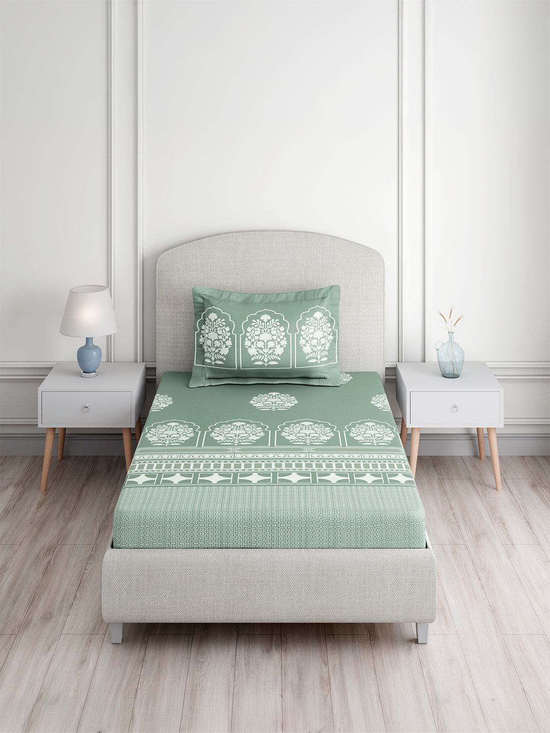 Valatia Tarang 100% Cotton Single Bedsheet with 1 Pillow Cover | 200 TC Green Ethnic Print Bedsheet Set