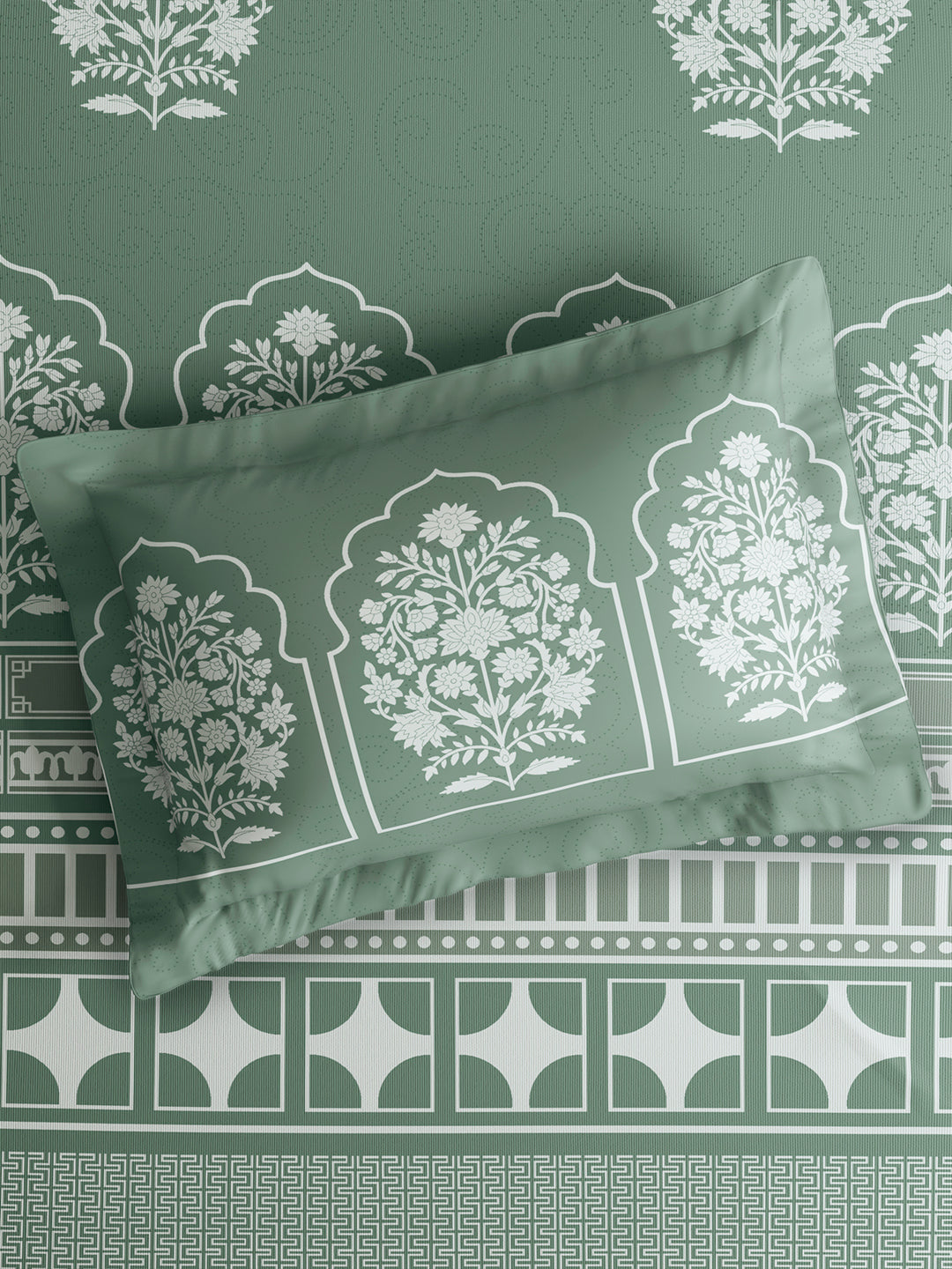 Valatia Tarang 100% Cotton Single Bedsheet with 1 Pillow Cover | 200 TC Green Ethnic Print Bedsheet Set