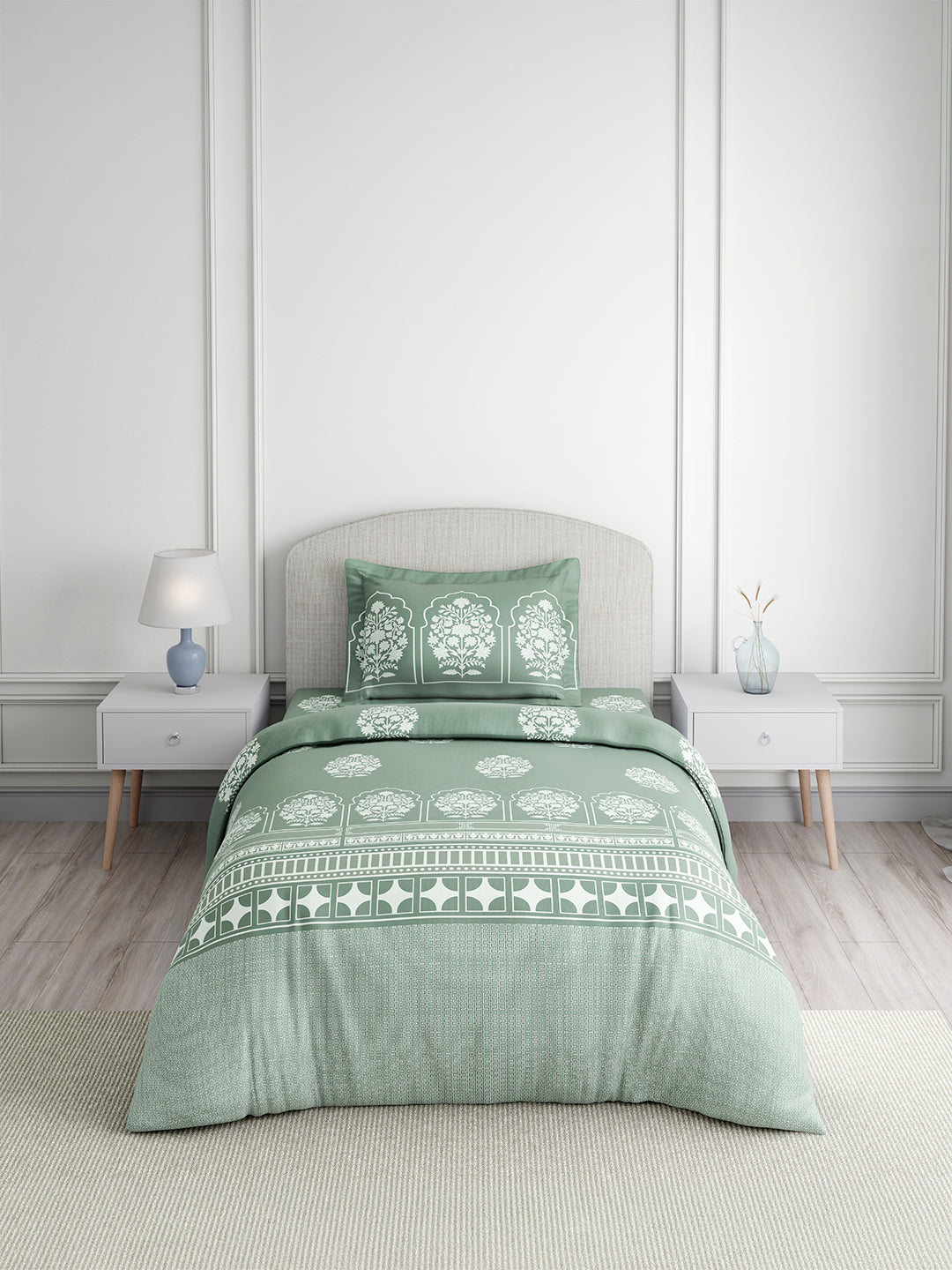 Valatia Tarang 100% Cotton Single Bedsheet with 1 Pillow Cover | 200 TC Green Ethnic Print Bedsheet Set