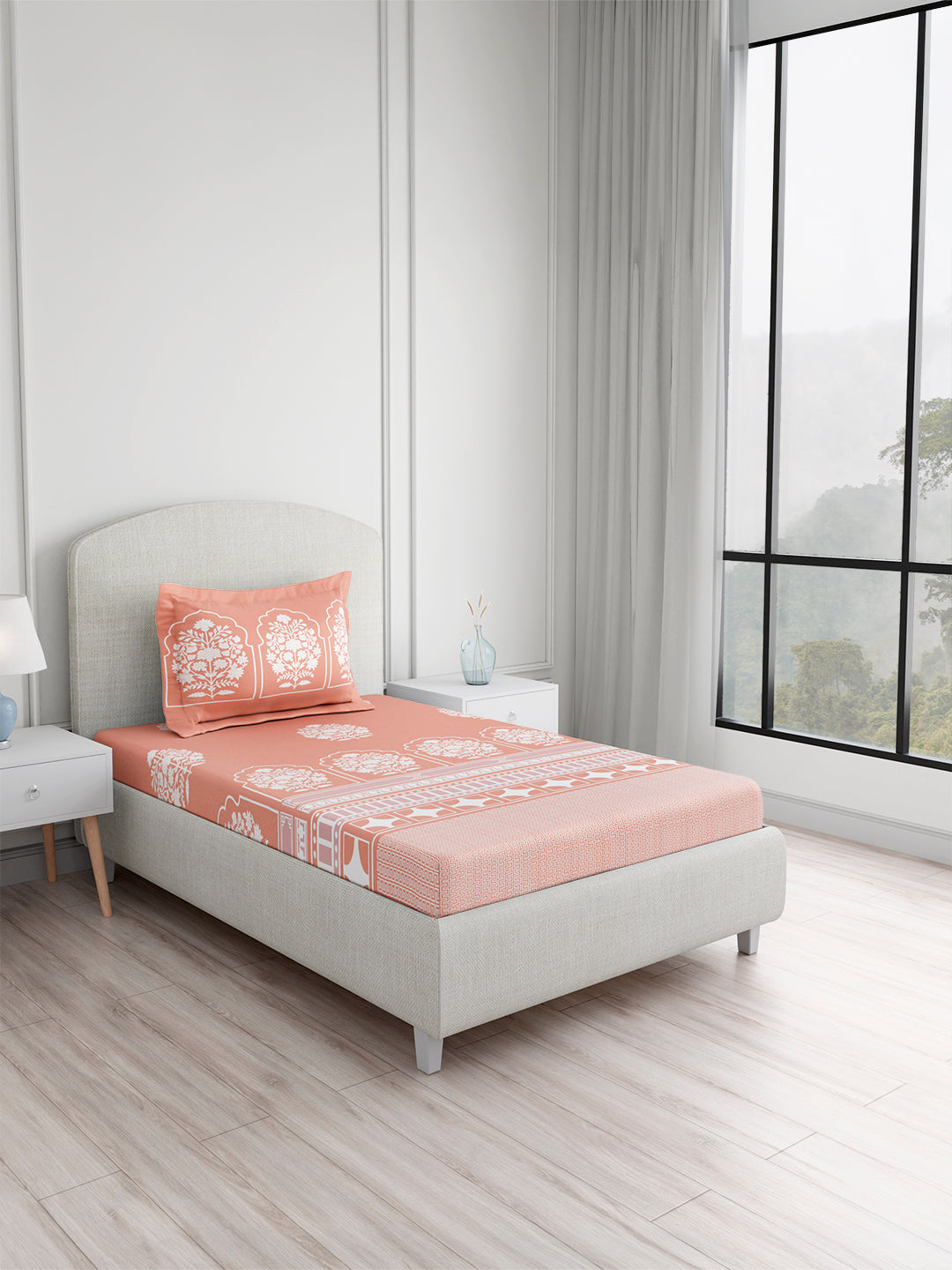 Valatia Tarang 100% Cotton Single Bedsheet with 1 Pillow Cover | 200 TC Orange Ethnic Print Bedsheet Set