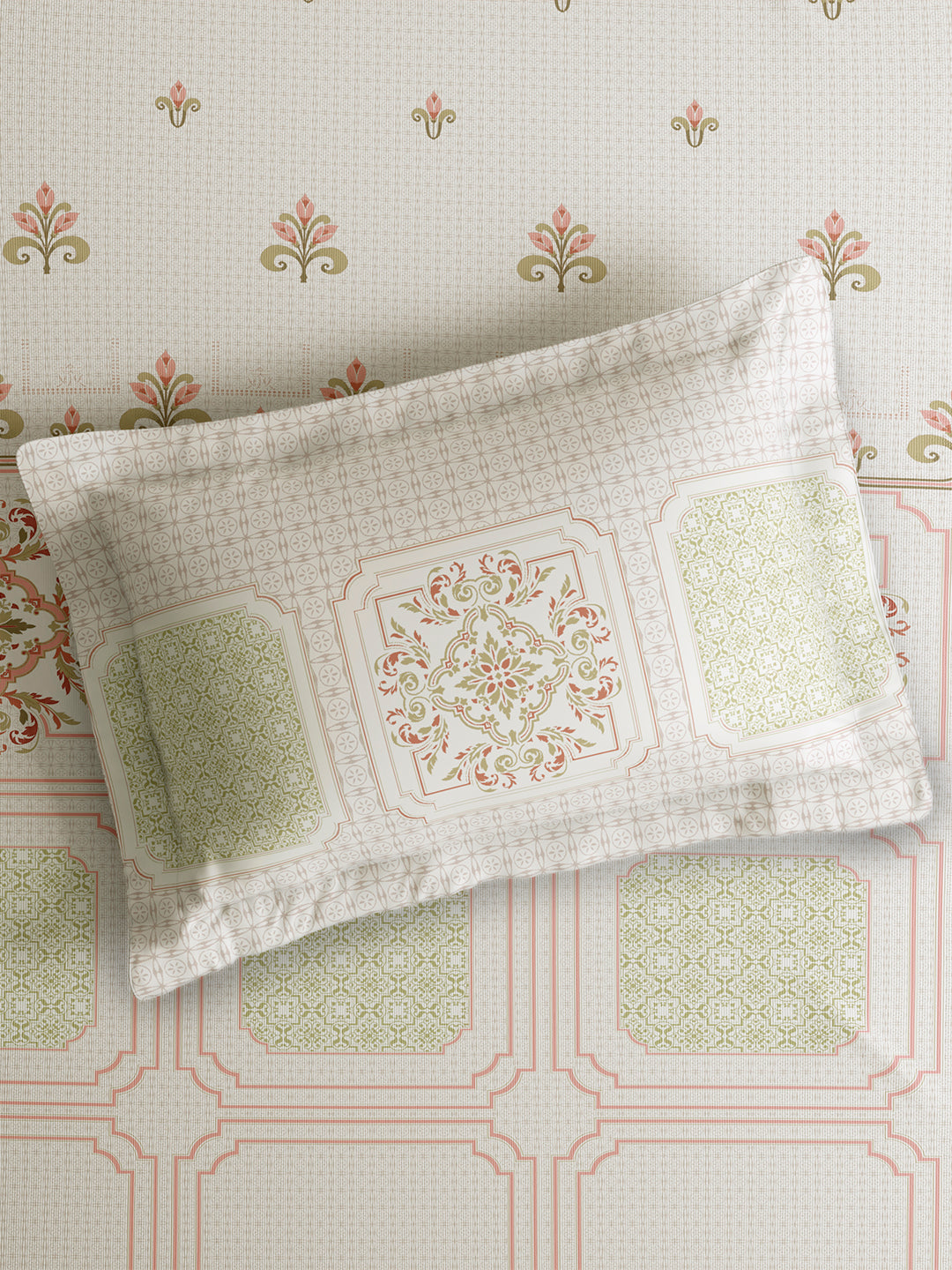 Valatia Tarang 100% Cotton Single Bedsheet with 1 Pillow Cover | 200 TC Green Ethnic Print Bedsheet Set