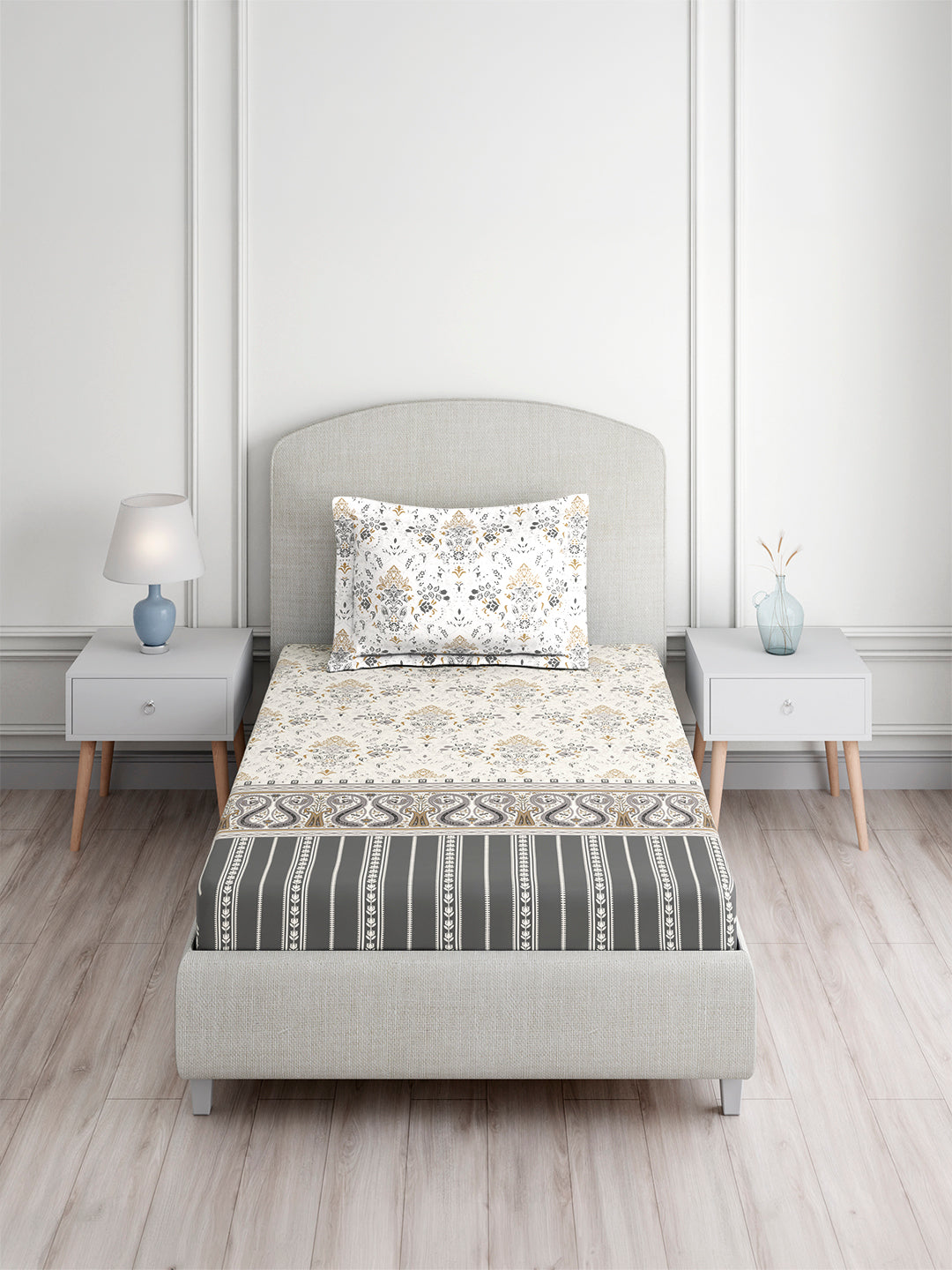 Valatia Tarang 100% Cotton Single Bedsheet with 1 Pillow Cover | 200 TC Grey Ethnic Print Bedsheet Set