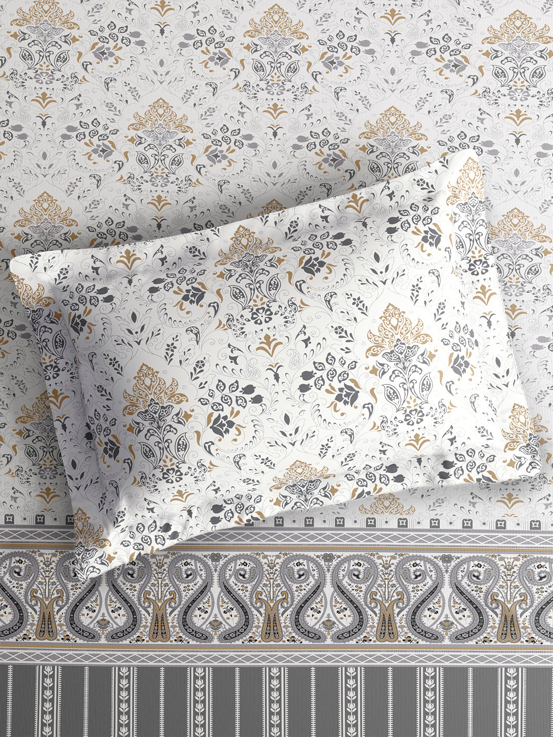Valatia Tarang 100% Cotton Single Bedsheet with 1 Pillow Cover | 200 TC Grey Ethnic Print Bedsheet Set