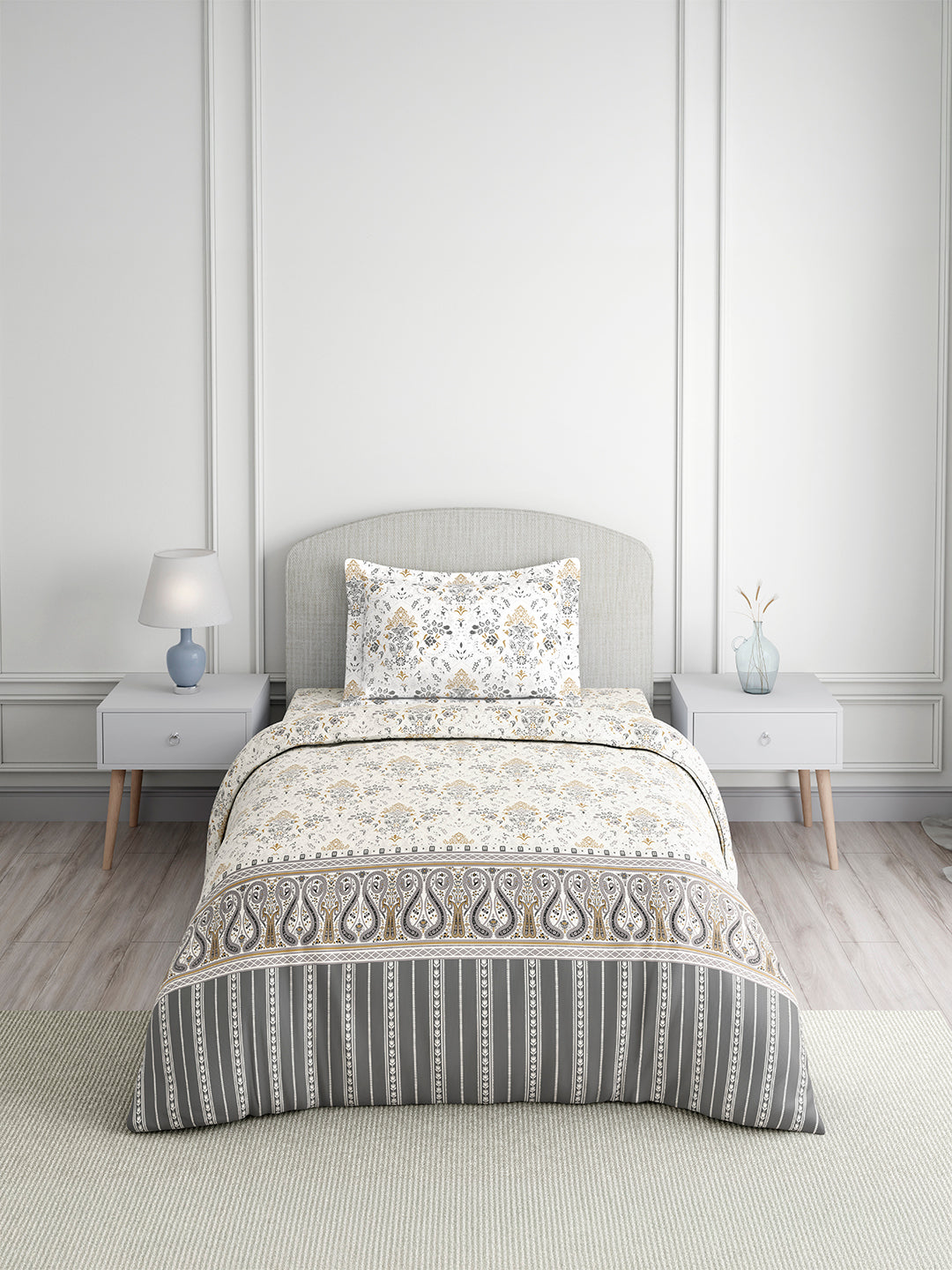 Valatia Tarang 100% Cotton Single Bedsheet with 1 Pillow Cover | 200 TC Grey Ethnic Print Bedsheet Set