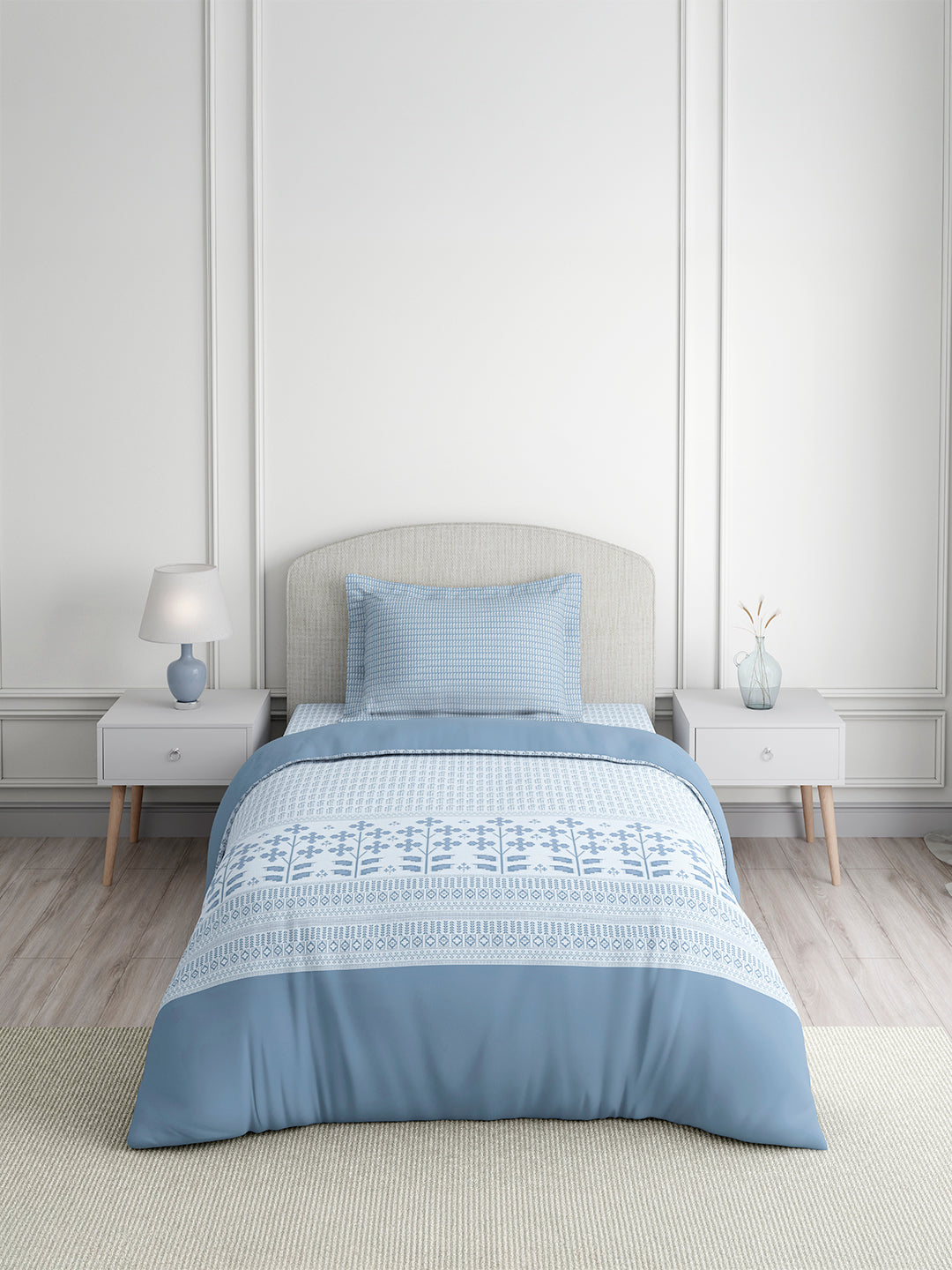 Valatia 100% Cotton Single Bedsheet with 1 Pillow Cover | 200 TC Blue Floral Bedsheet Set