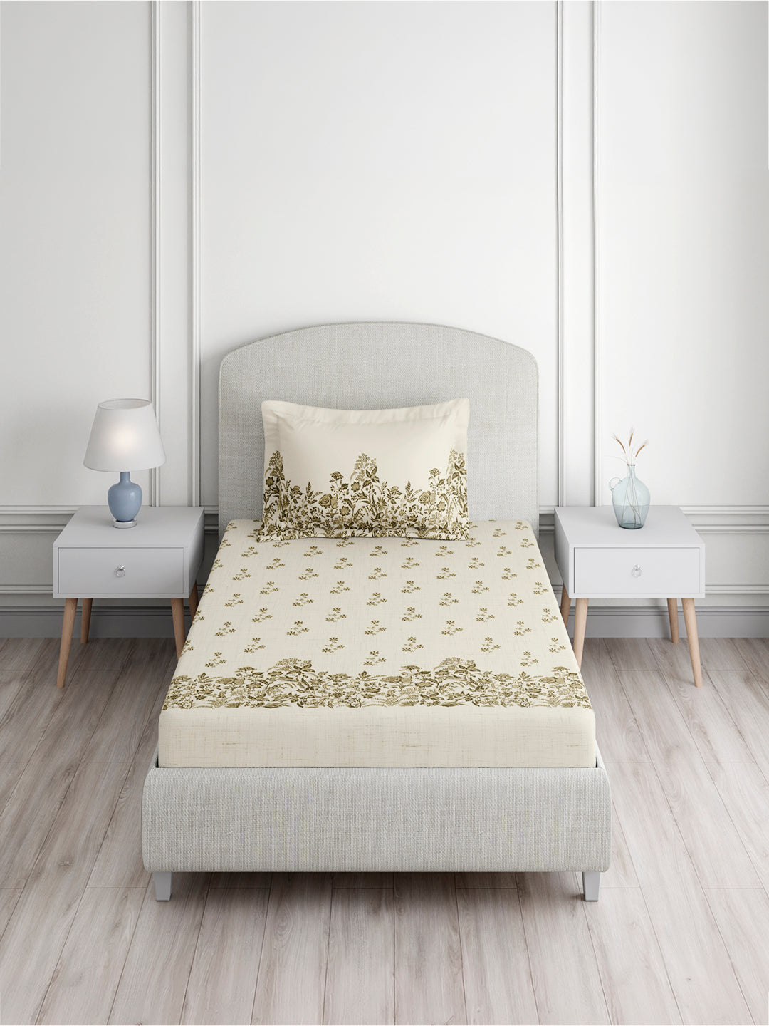 Valatia 100% Cotton Single Bedsheet with 1 Pillow Cover | 200 TC Cream Floral Bedsheet Set