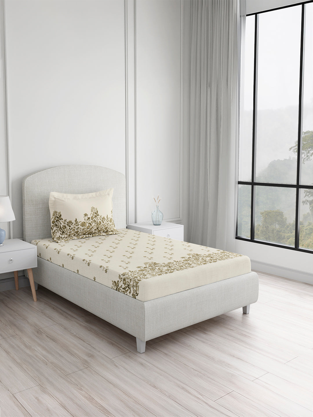 Valatia 100% Cotton Single Bedsheet with 1 Pillow Cover | 200 TC Cream Floral Bedsheet Set