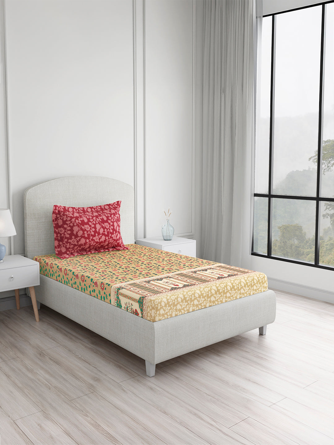 Valatia 100% Cotton Single Bedsheet with 1 Pillow Cover | 200 TC Pink & Beige Floral Bedsheet Set
