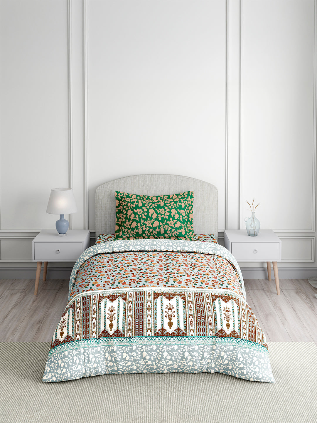 Valatia 100% Cotton Single Bedsheet with 1 Pillow Cover | 200 TC Blue & Green Floral Bedsheet Set