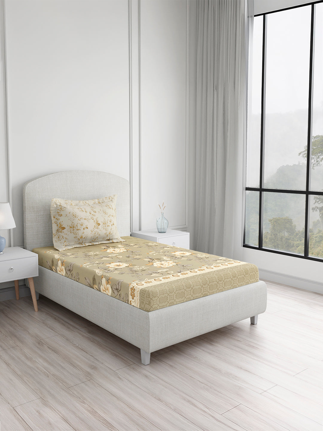 Valatia 100% Cotton Single Bedsheet with 1 Pillow Cover | 200 TC Grey & Beige Floral Bedsheet Set