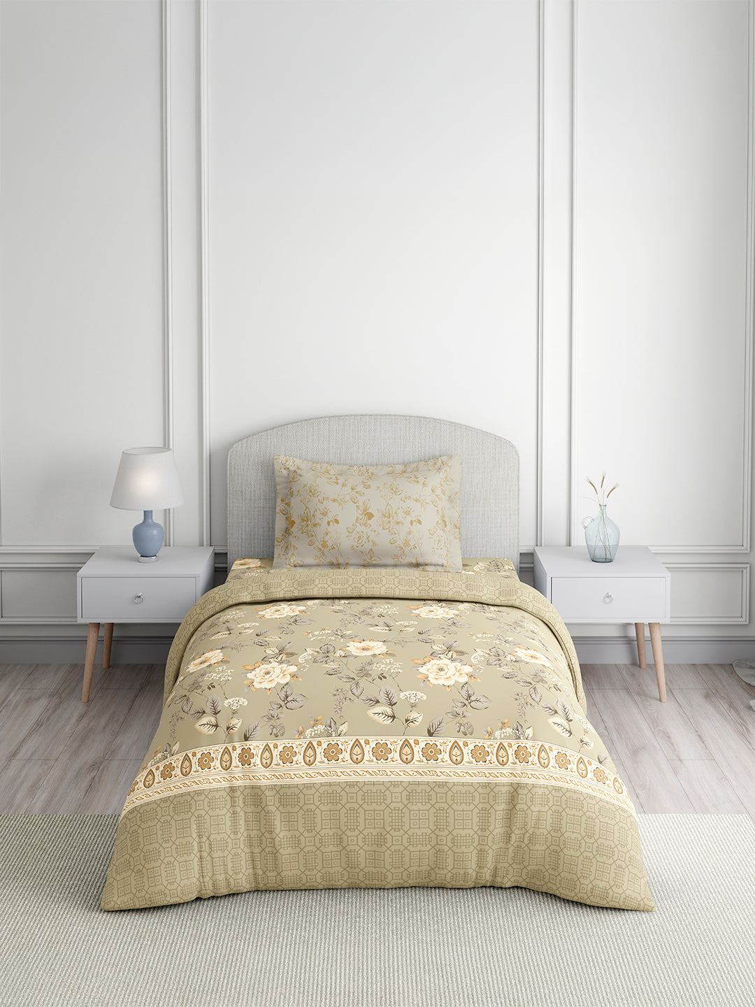 Valatia 100% Cotton Single Bedsheet with 1 Pillow Cover | 200 TC Grey & Beige Floral Bedsheet Set
