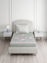 Valatia 100% Cotton Single Bedsheet with 1 Pillow Cover | 200 TC Grey & Pink Floral Bedsheet Set