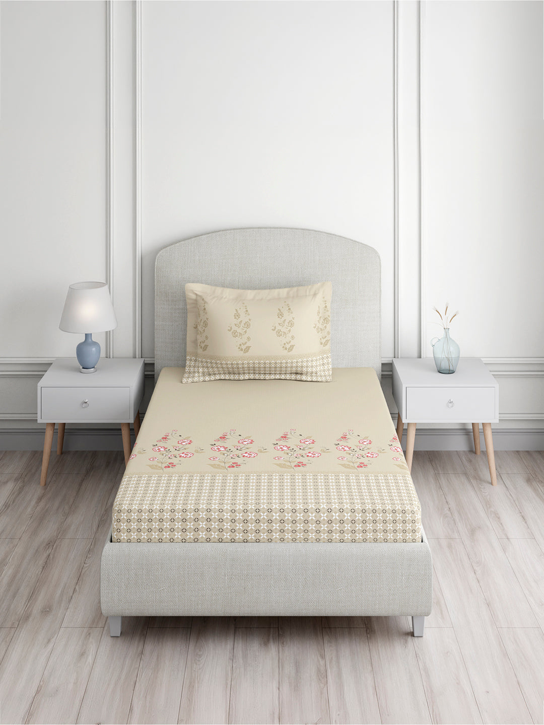 Valatia 100% Cotton Single Bedsheet with 1 Pillow Cover | 200 TC Cream Floral Bedsheet Set
