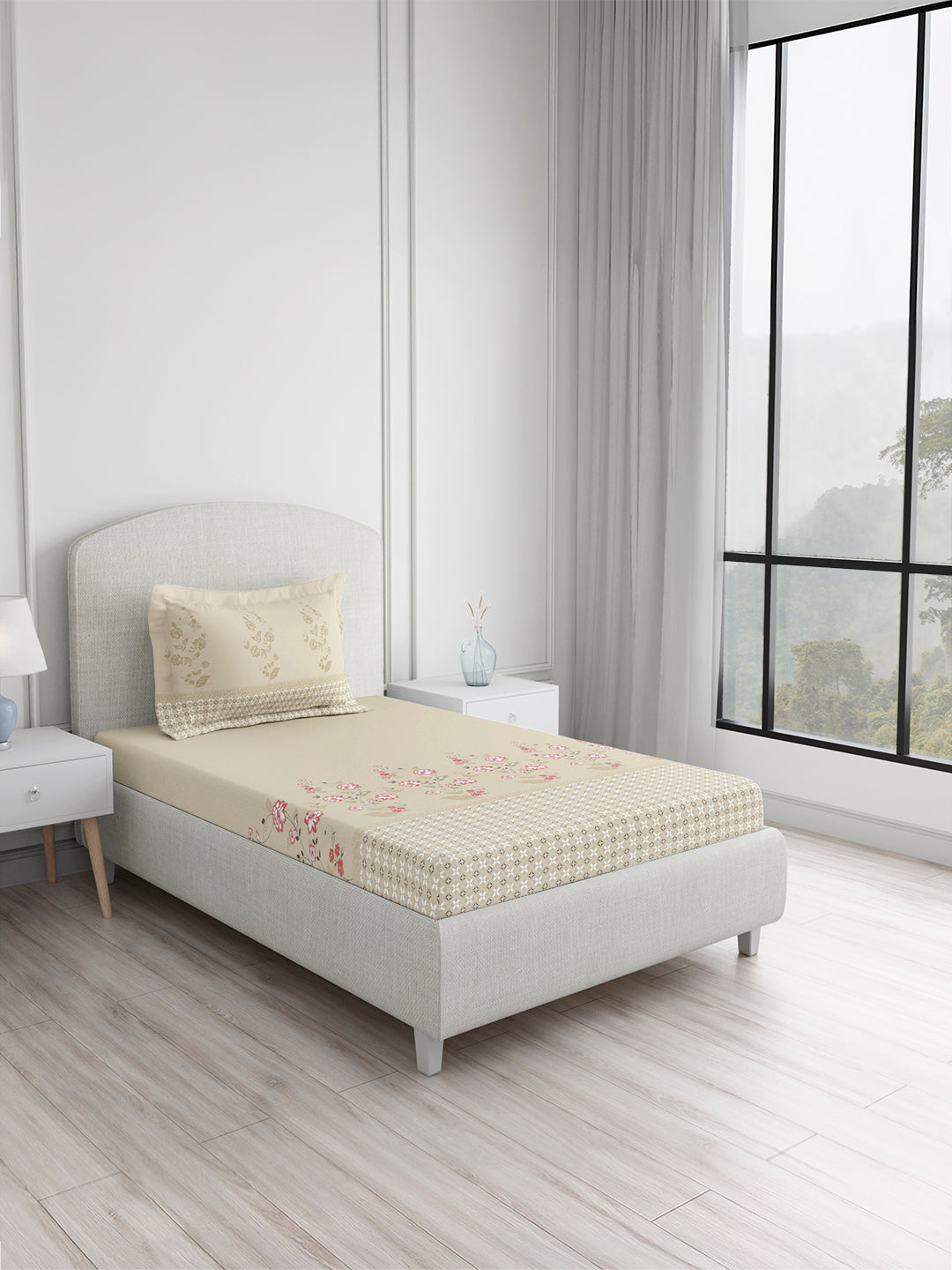 Valatia 100% Cotton Single Bedsheet with 1 Pillow Cover | 200 TC Cream Floral Bedsheet Set