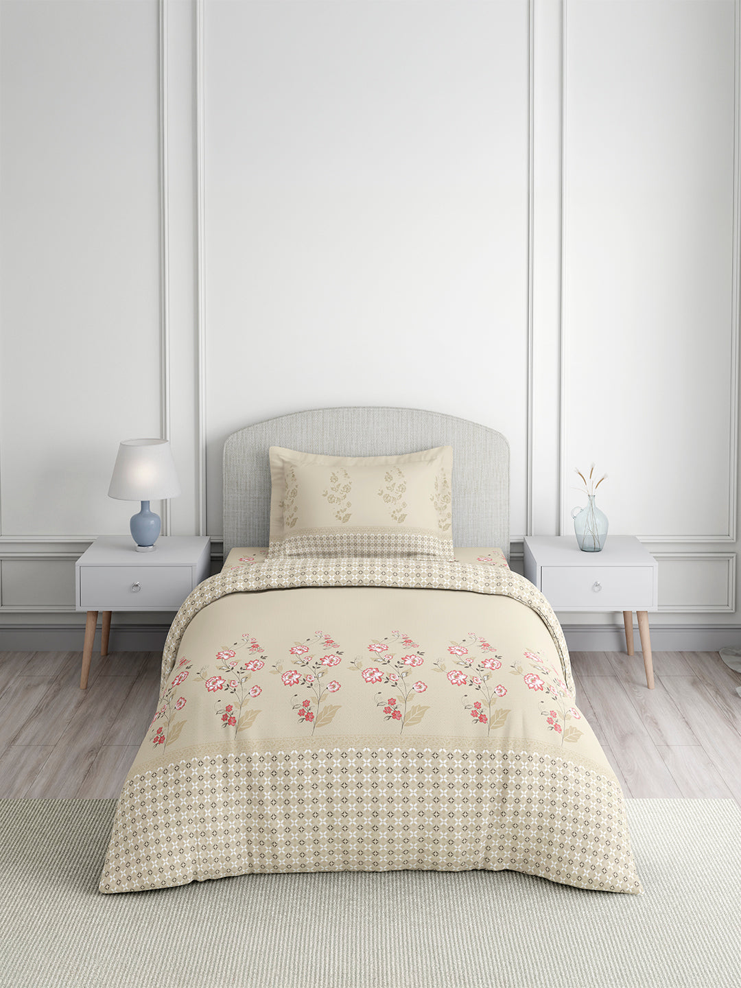 Valatia 100% Cotton Single Bedsheet with 1 Pillow Cover | 200 TC Cream Floral Bedsheet Set