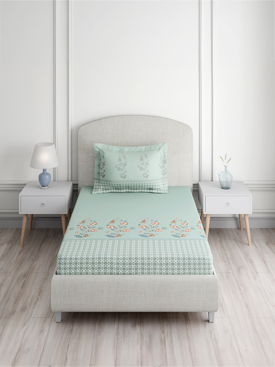 Valatia 100% Cotton Single Bedsheet with 1 Pillow Cover | 200 TC Blue Floral Bedsheet Set
