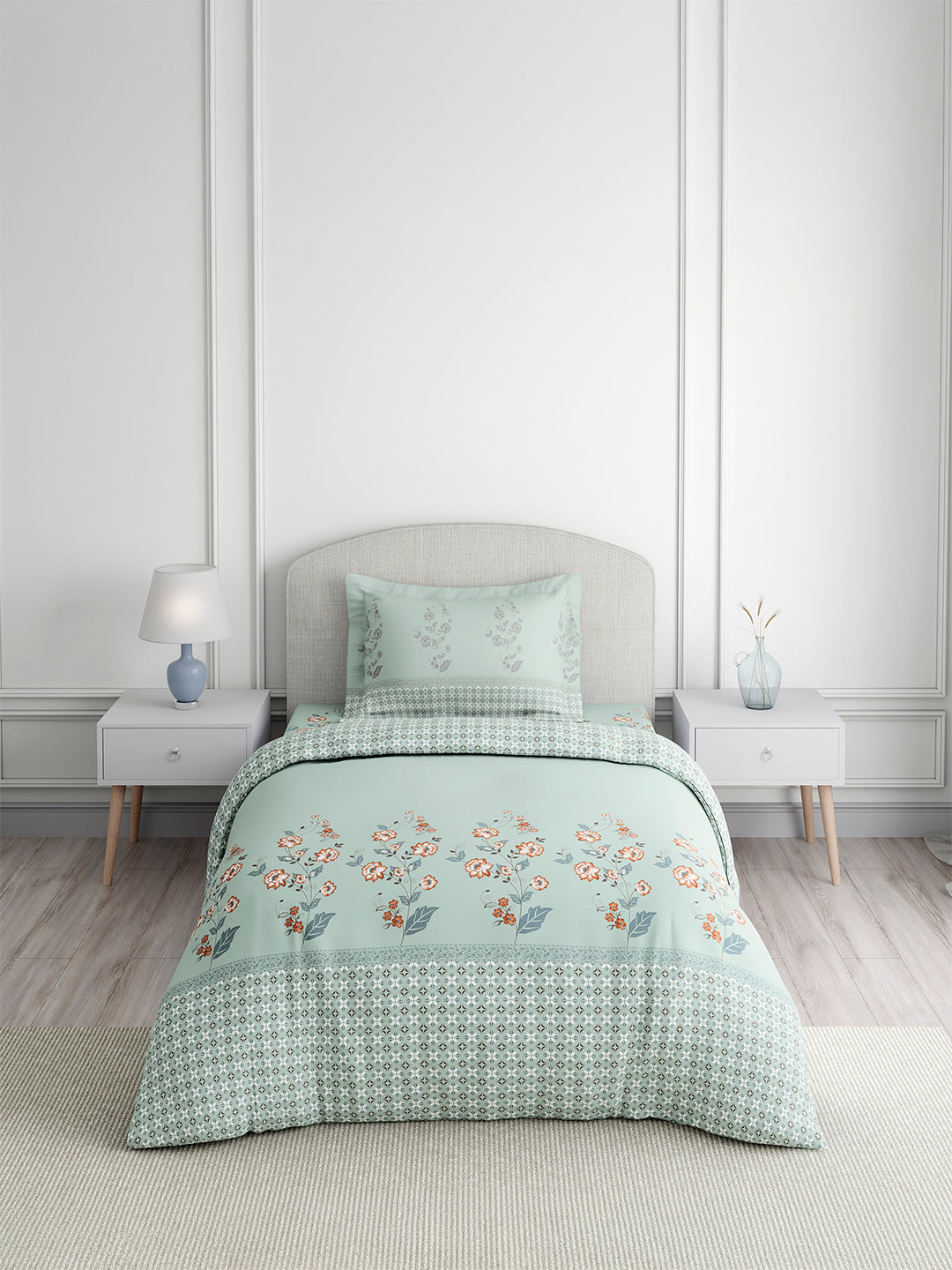 Valatia 100% Cotton Single Bedsheet with 1 Pillow Cover | 200 TC Blue Floral Bedsheet Set