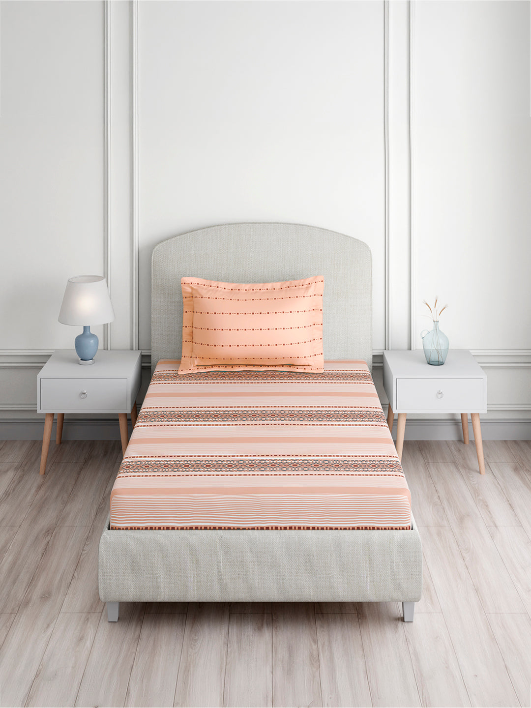 Valatia 100% Cotton Single Bedsheet with 1 Pillow Cover | Peach Geometrical 200 TC Bedsheet Set