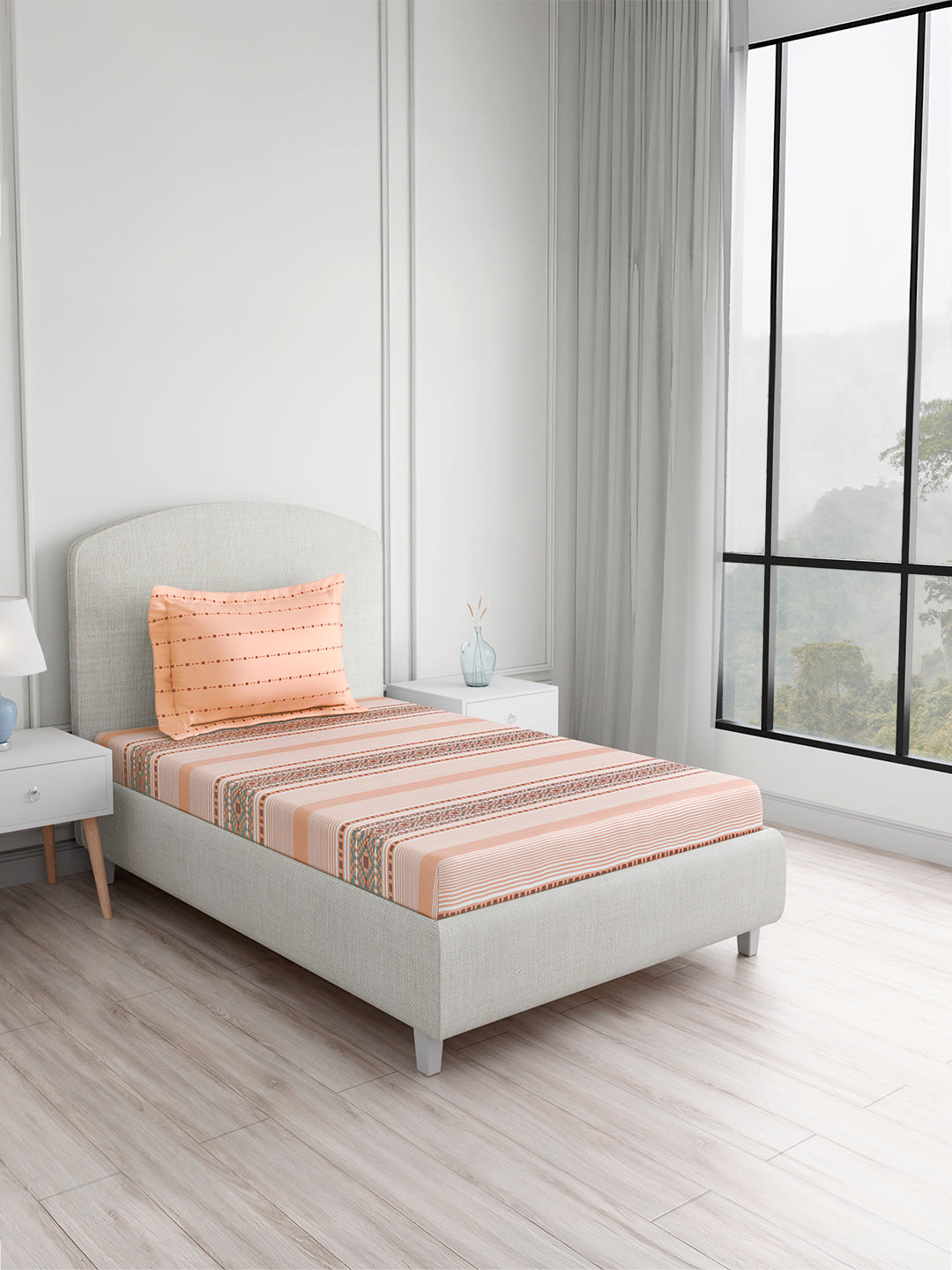 Valatia 100% Cotton Single Bedsheet with 1 Pillow Cover | Peach Geometrical 200 TC Bedsheet Set